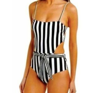 Onia Rumi Black & White Striped One Piece Swimsuit Belted Strapless Swim…
